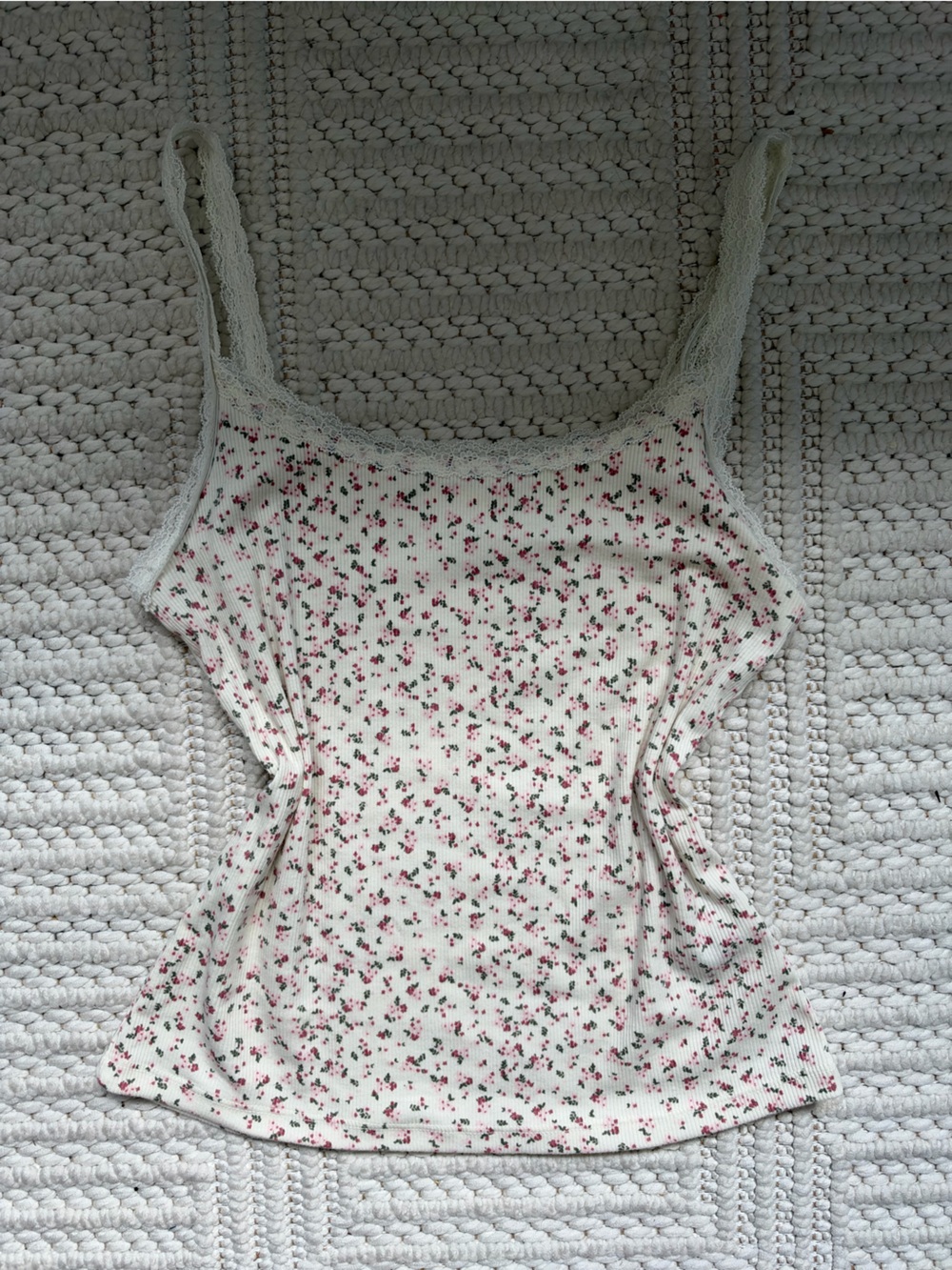 SO Cream Ribbed Floral Lace-Trim Cami with Pink Rose Print